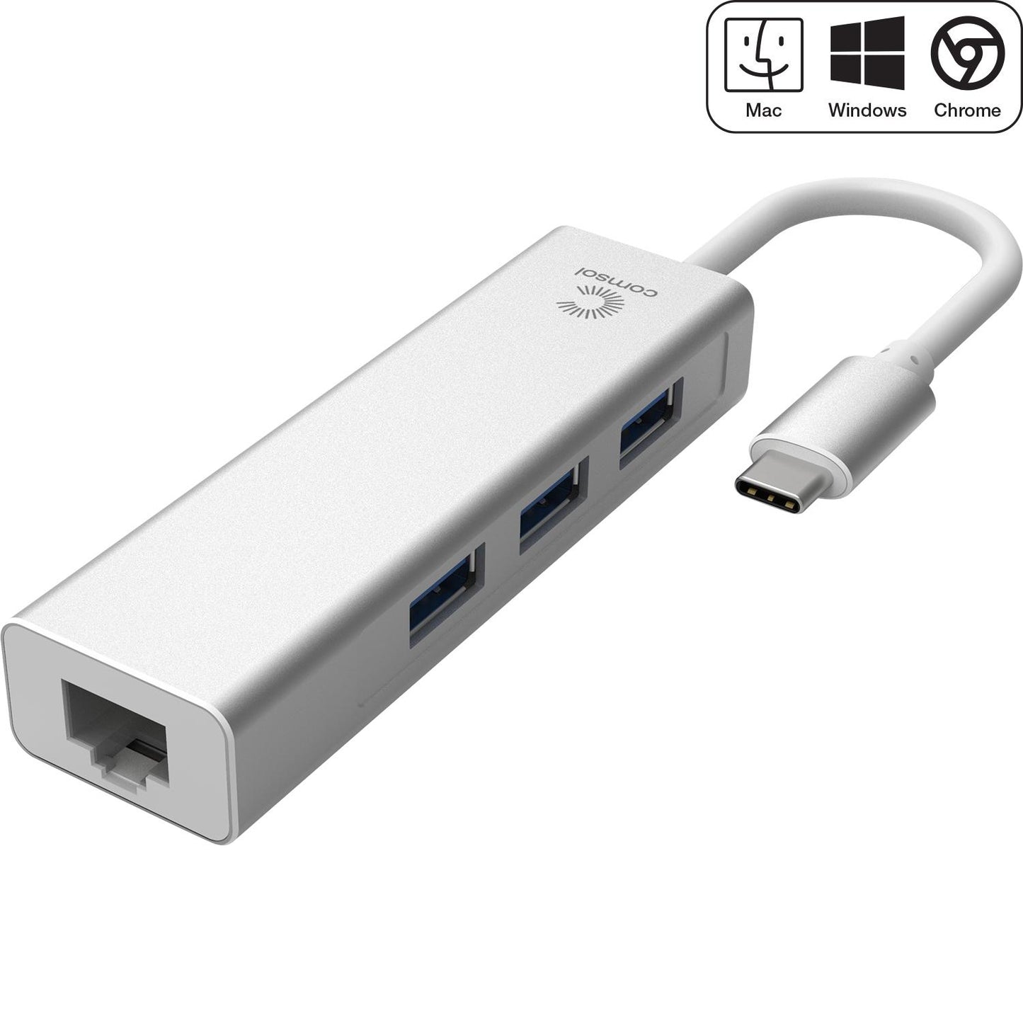 Comsol USB-C Male to Gigabit Ethernet + 3 Port USB 3.0 Hub